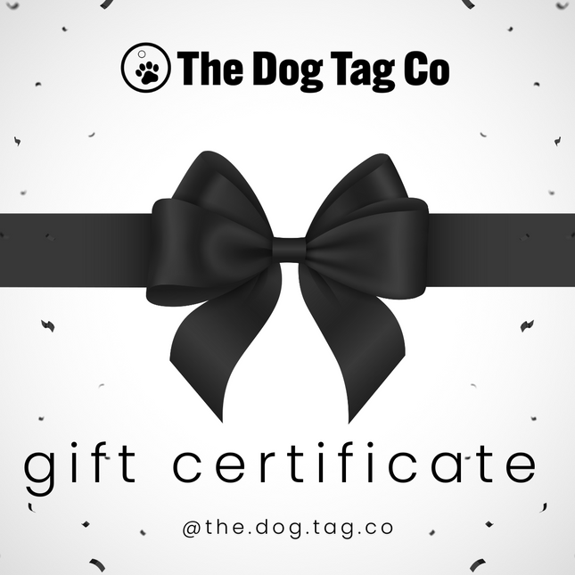Gift certificate from The Dog Tag Co with a black bow and ribbon on a white background.
