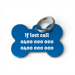 Blue bone-shaped aluminium dog tag with dogs name  and phone number engraved.