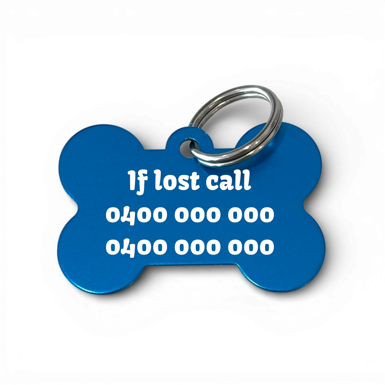 Blue bone-shaped aluminium dog tag with dogs name  and phone number engraved.