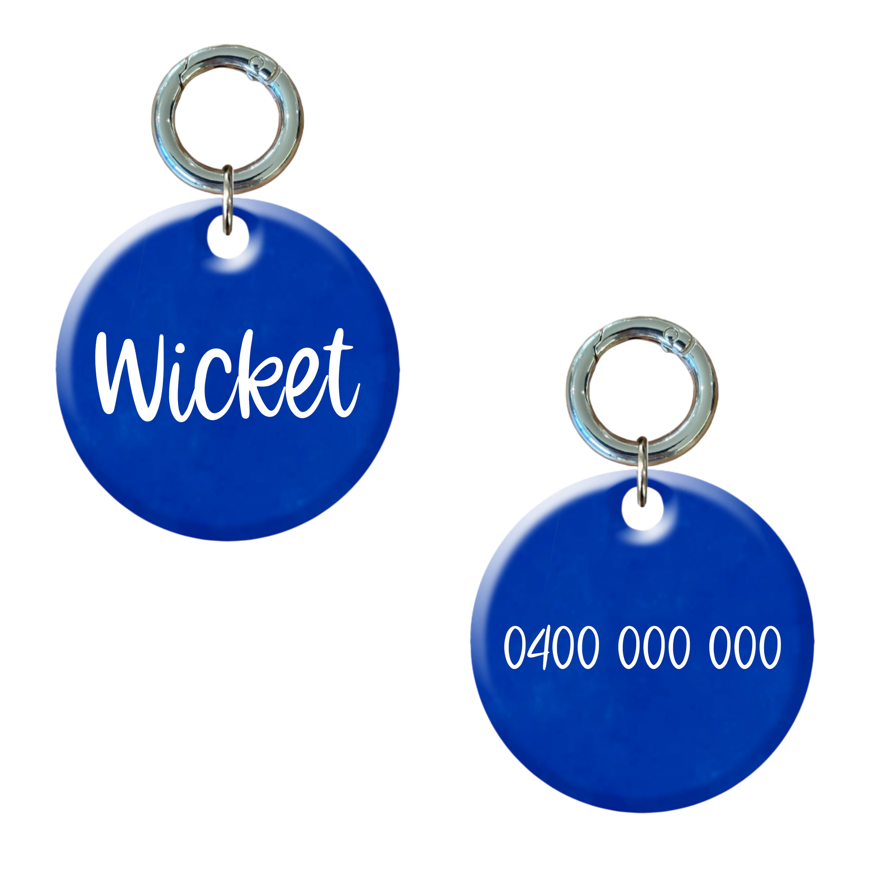 Personalised blue dog tag with pet name and contact number engraved, round metal ring