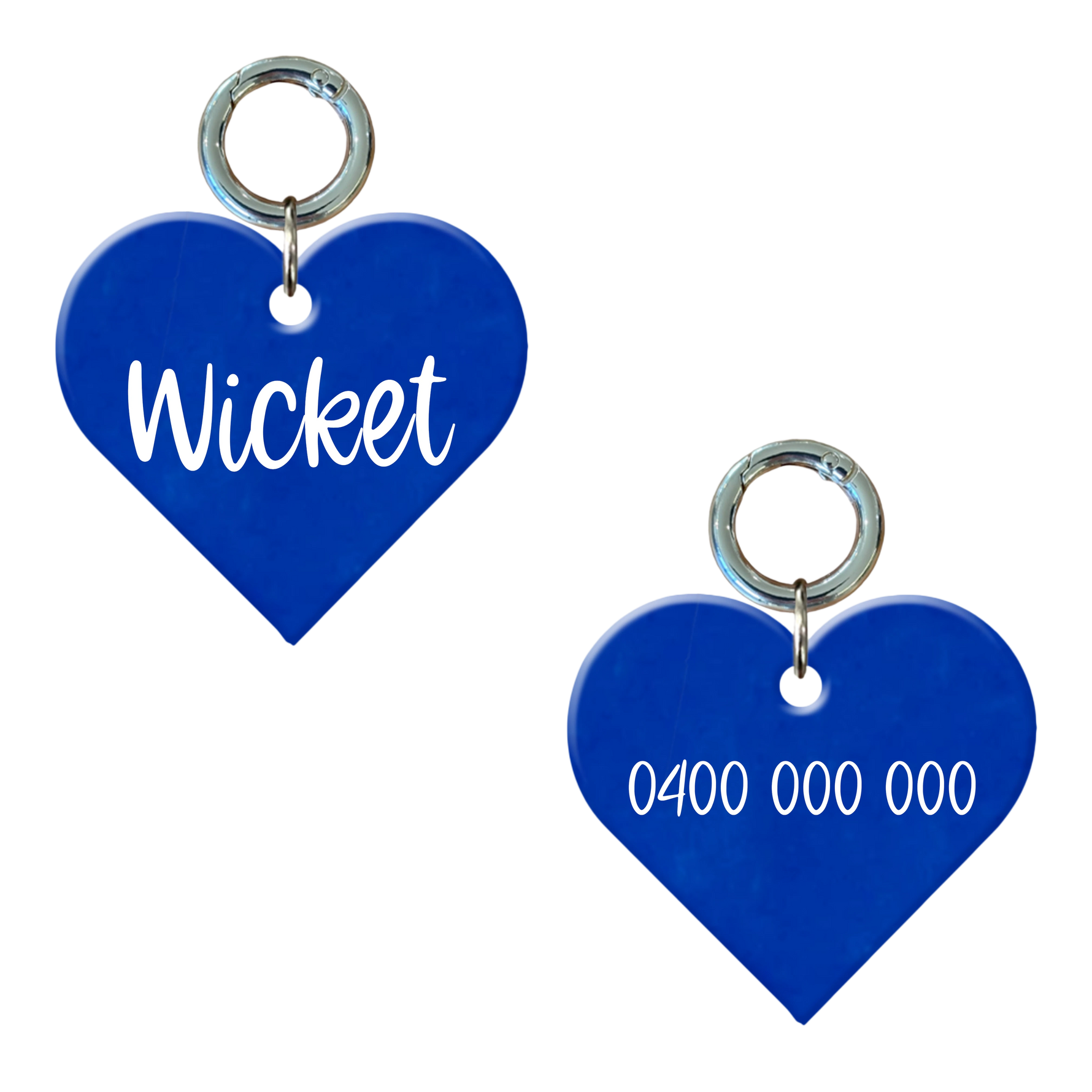 Fluro blue heart-shaped custom dog tag with engraved name and phone number