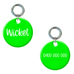 Fluorescent green round dog tag with custom name and phone number engraving