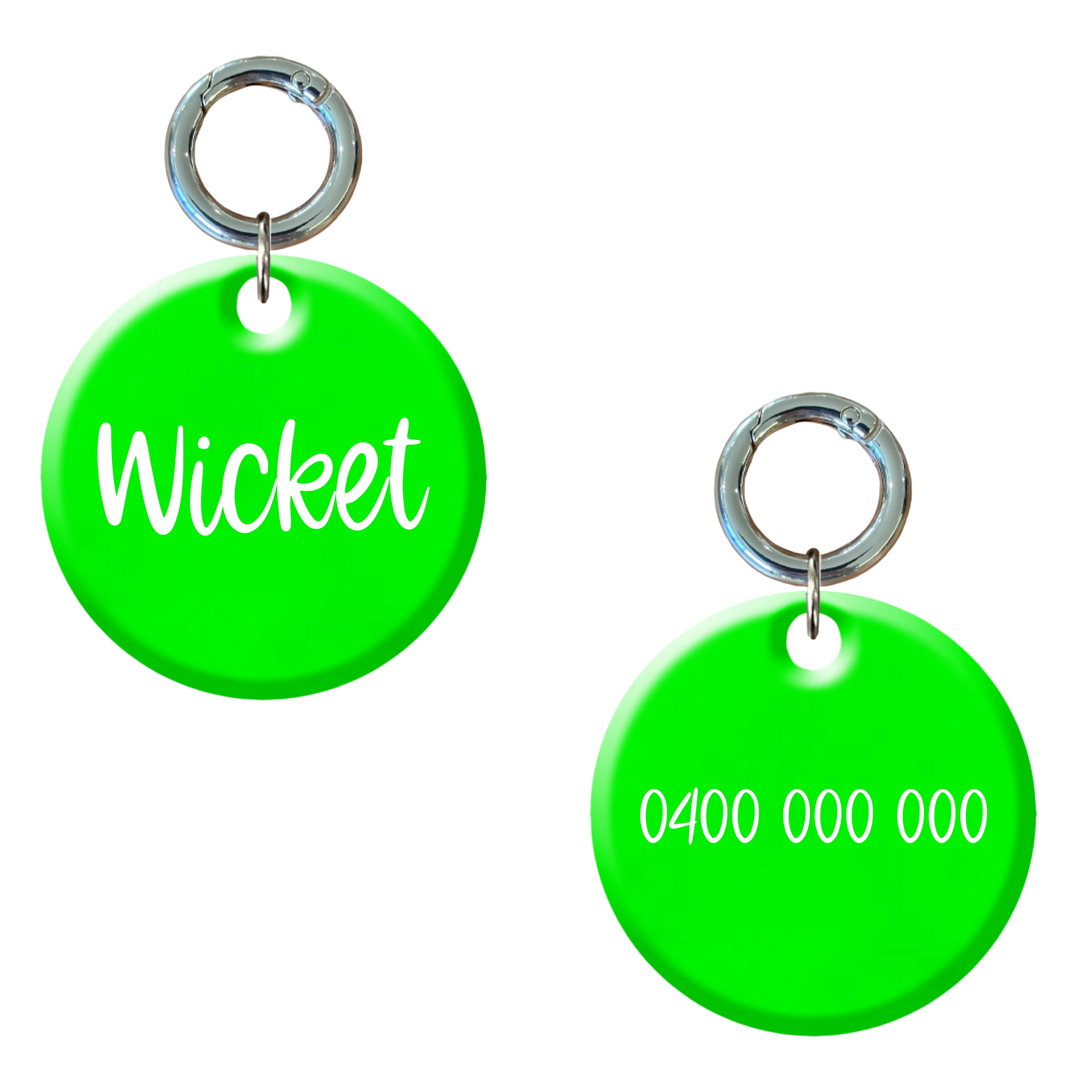 Fluorescent green round dog tag with custom name and phone number engraving