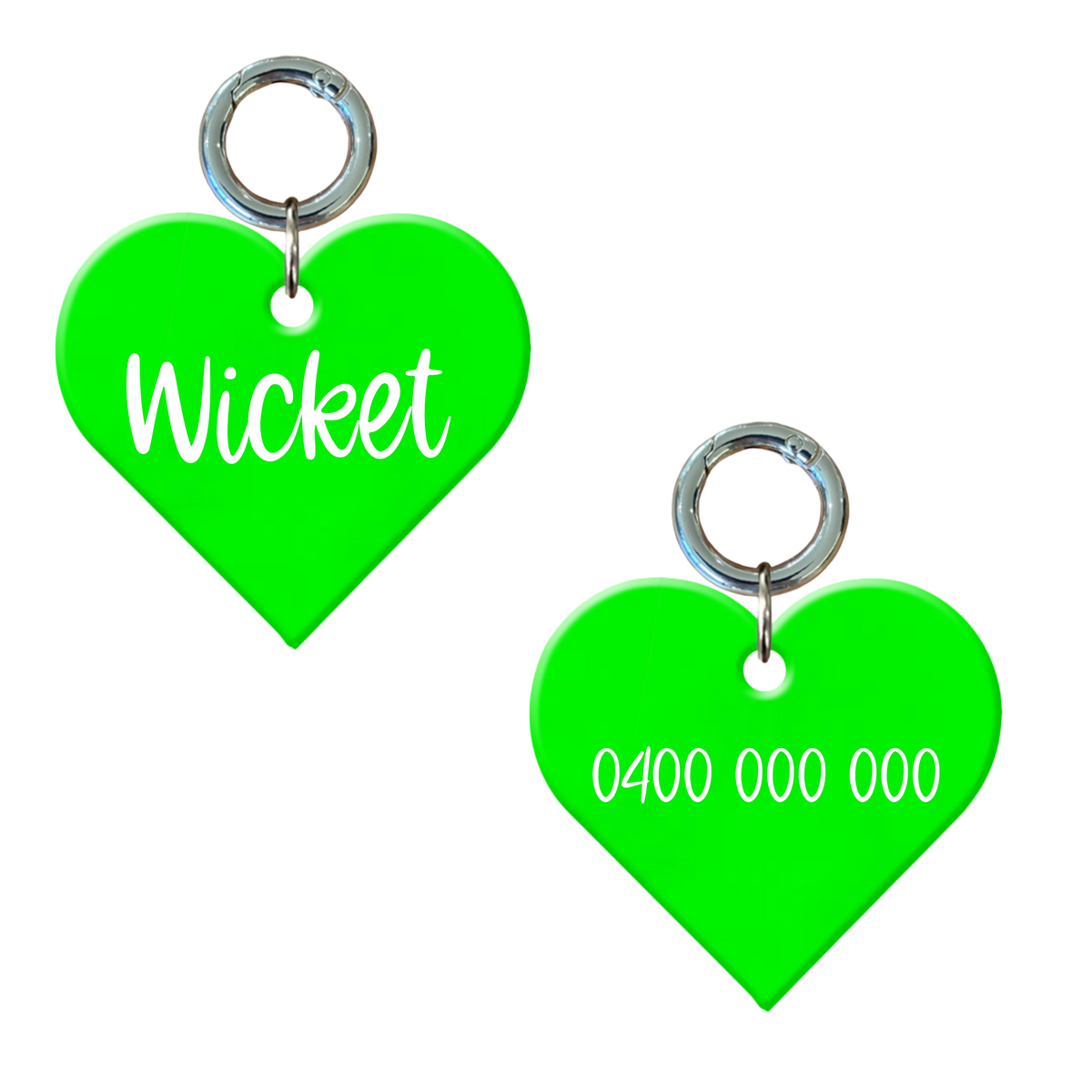 Fluoro green heart-shaped personalised dog tag with engraved name and contact number