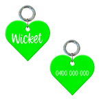 Fluoro green heart-shaped personalised dog tag with engraved name and contact number