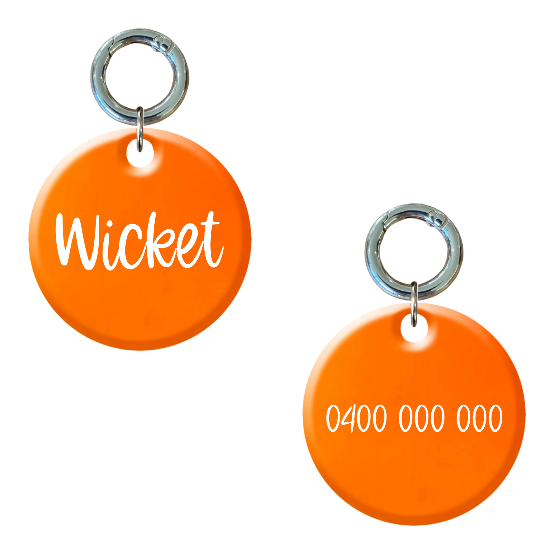 Fluoro orange round dog tag with 'Wicket' and a phone number, custom engraved, front and back view
