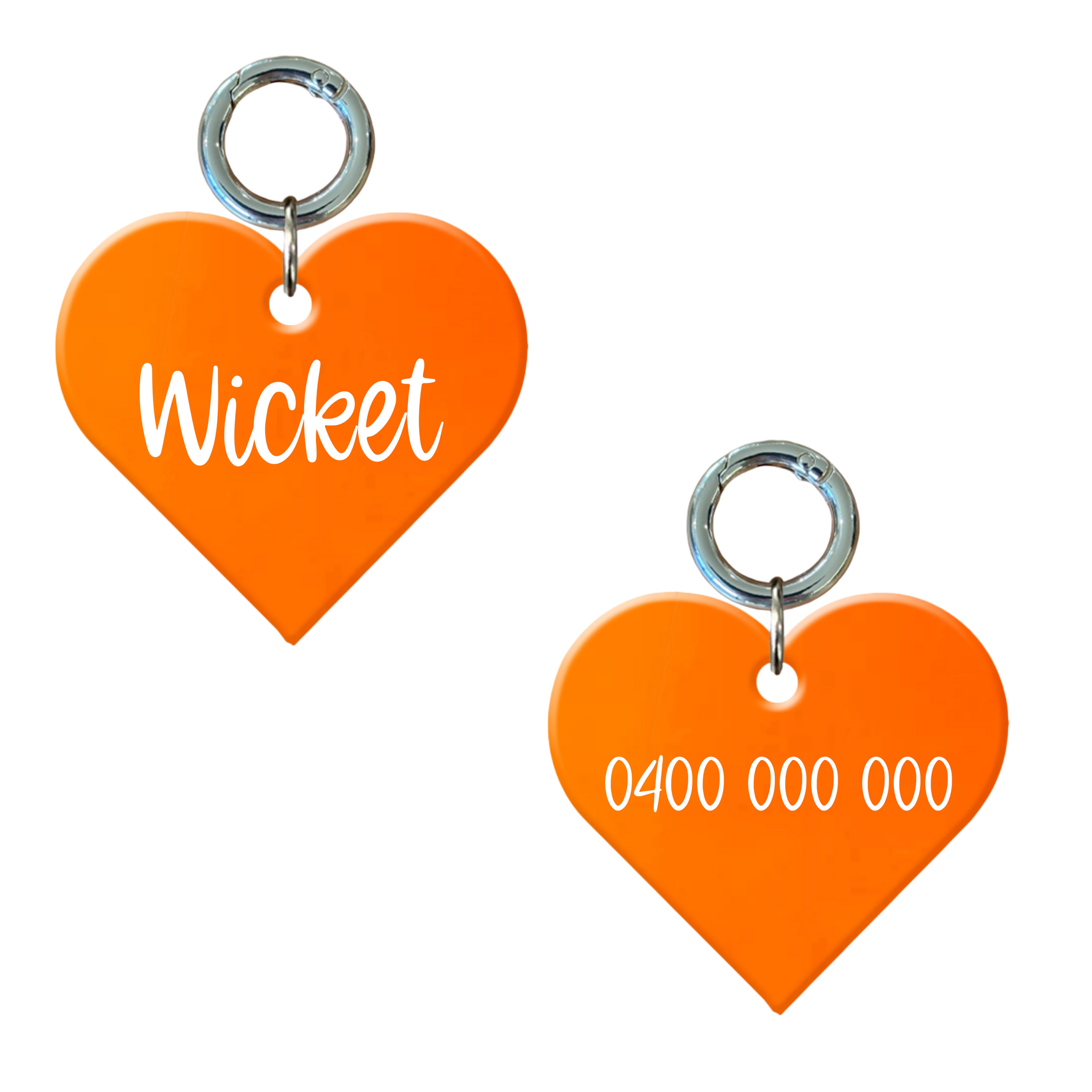Fluro orange heart-shaped dog tag with pet name and contact number engraved, durable design