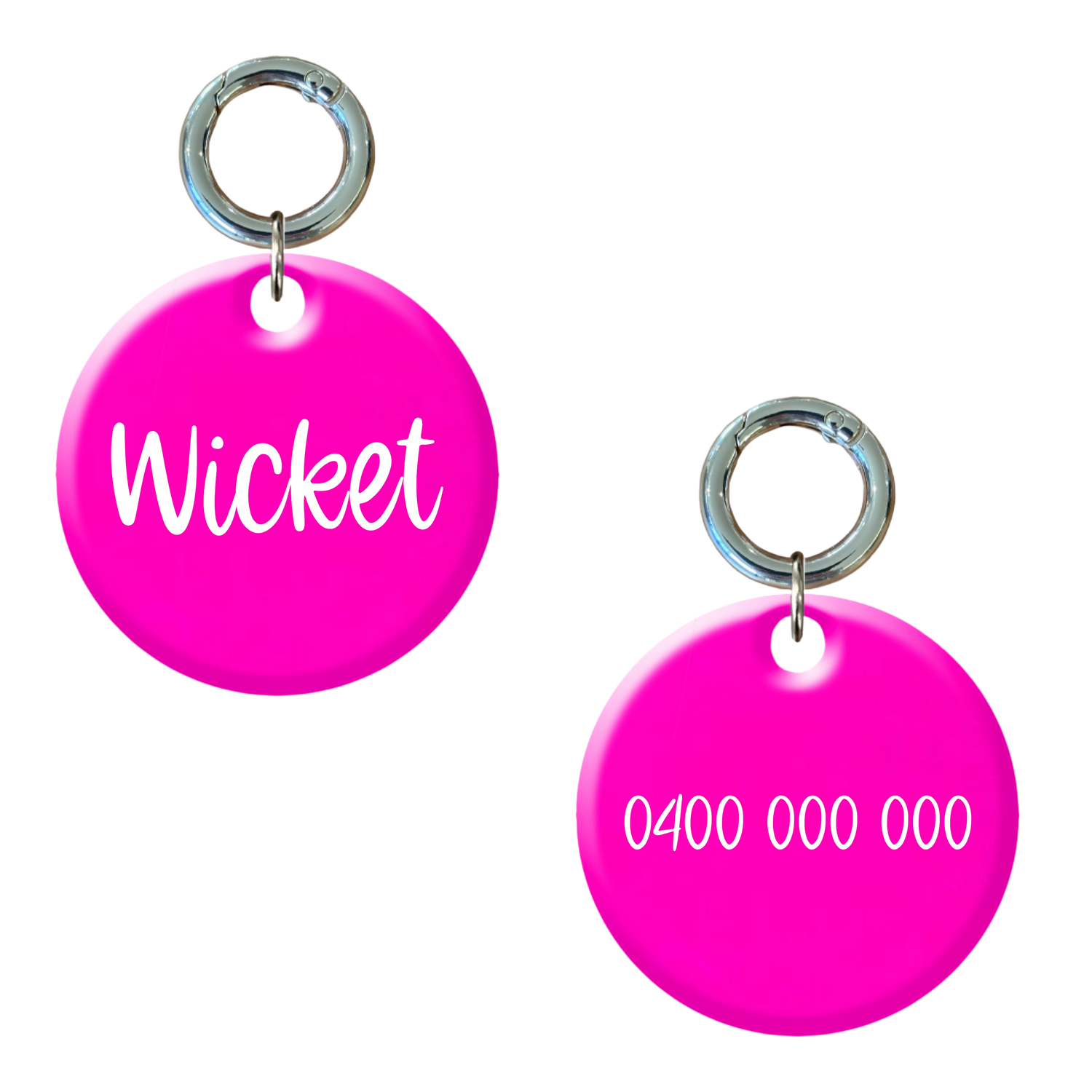 Fluorescent pink round dog tag with name and phone number, custom engraved pet ID accessory