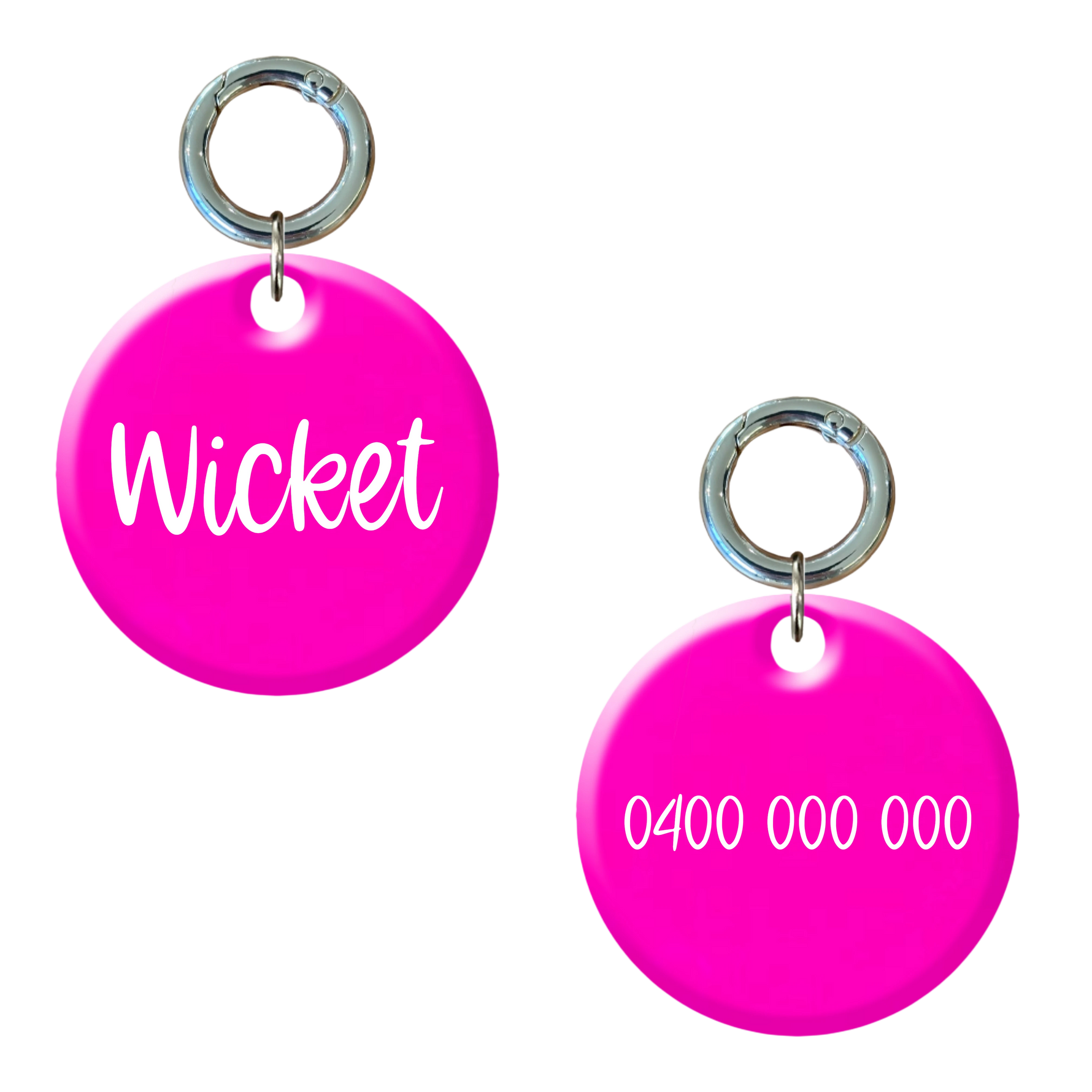 Fluorescent pink round dog tag with name and phone number, custom engraved pet ID accessory