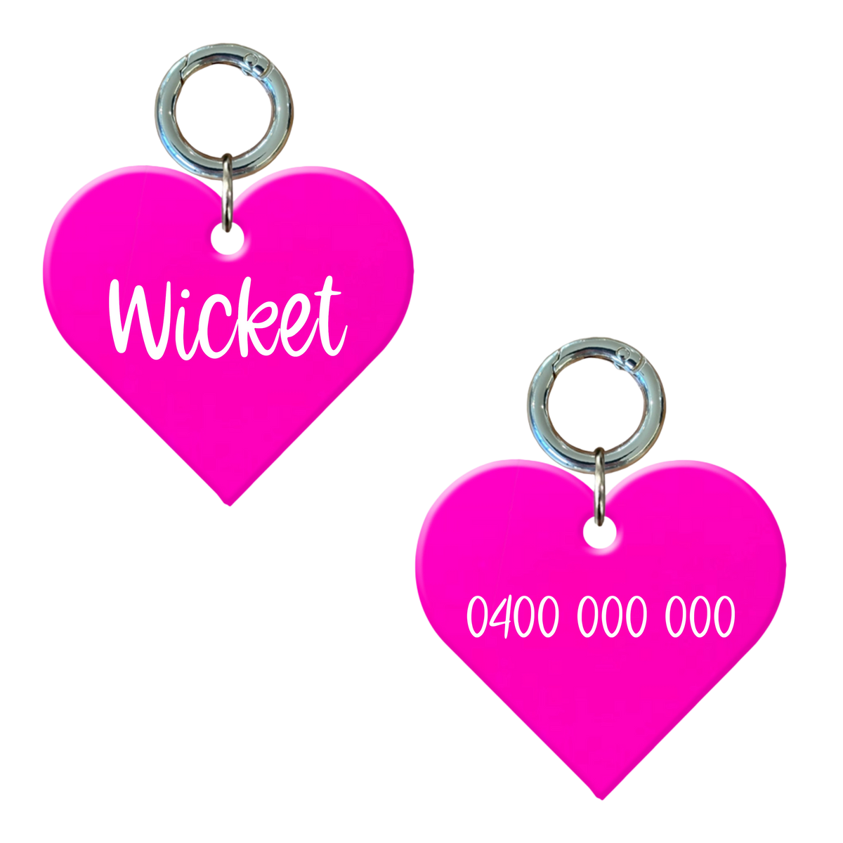 Fluoro pink heart-shaped personalised dog tag with name and contact number engraving
