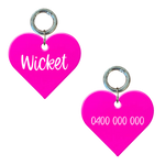 Fluoro pink heart-shaped personalised dog tag with name and contact number engraving
