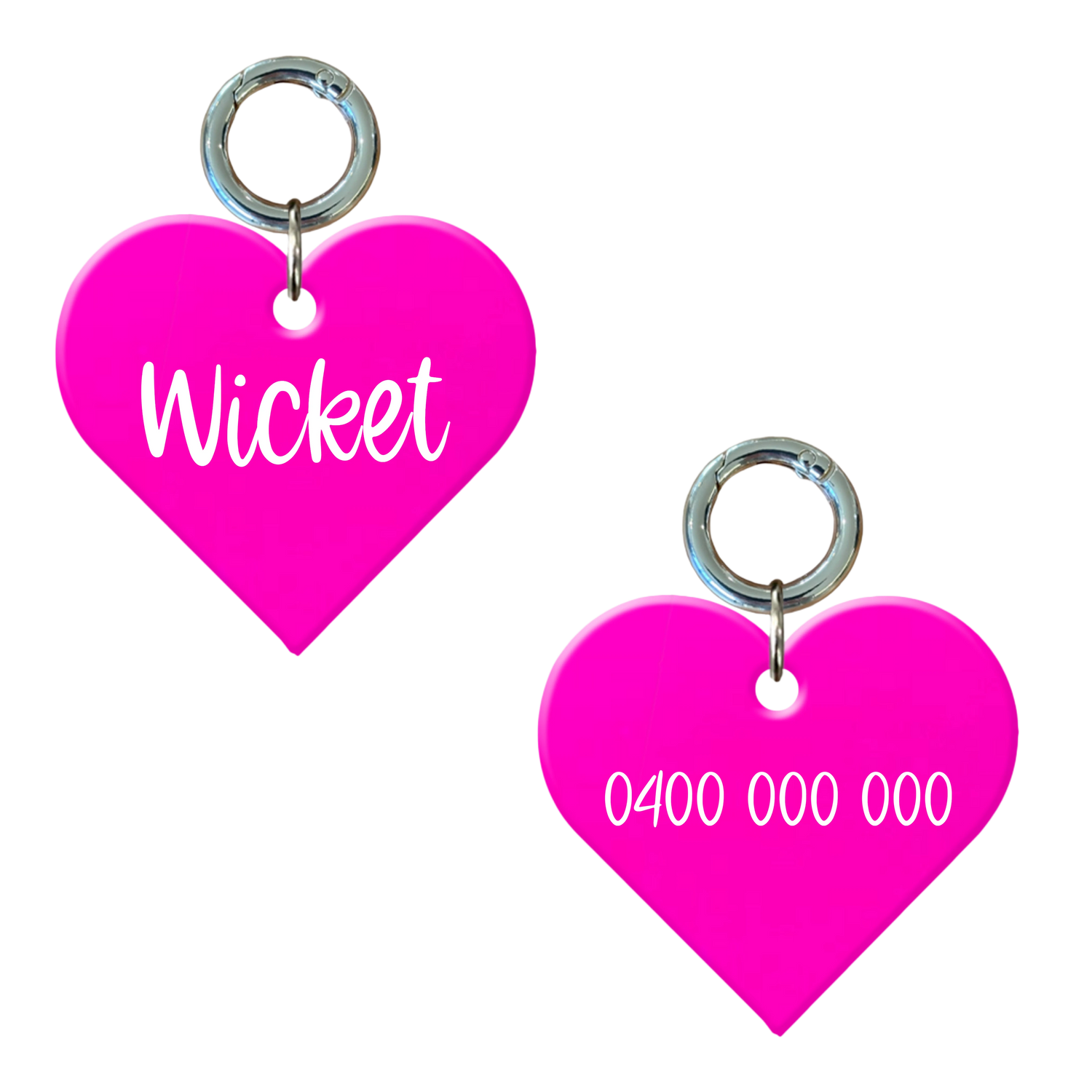Fluoro pink heart-shaped personalised dog tag with name and contact number engraving