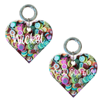 Heart-shaped dog tag with colorful fruit pattern, personalized name and phone number.