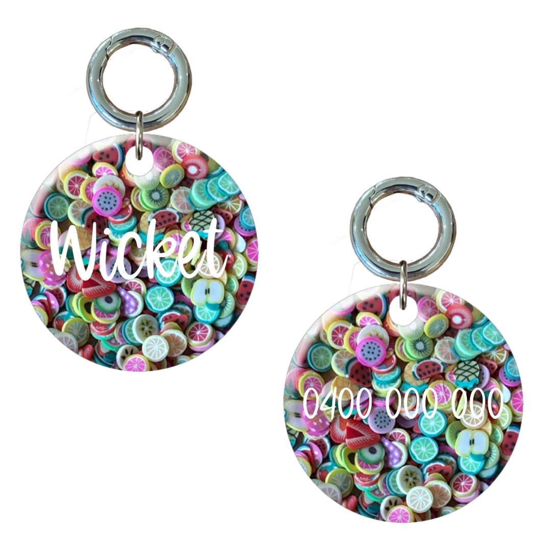 Round dog tag with colorful fruit pattern, custom name and contact number engraving