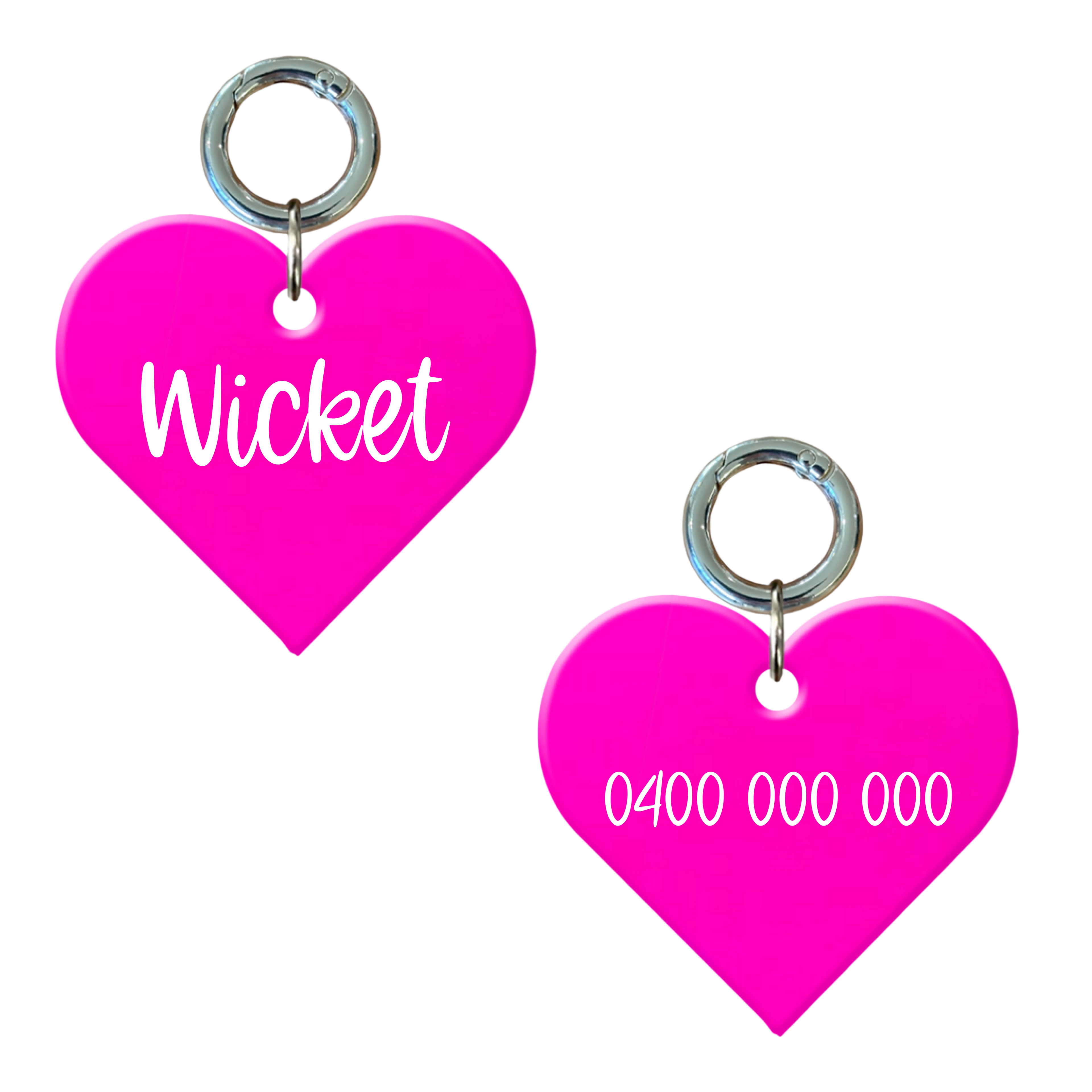 Personalised Fluorescent Heart Dog Tag in pink with name and contact number.