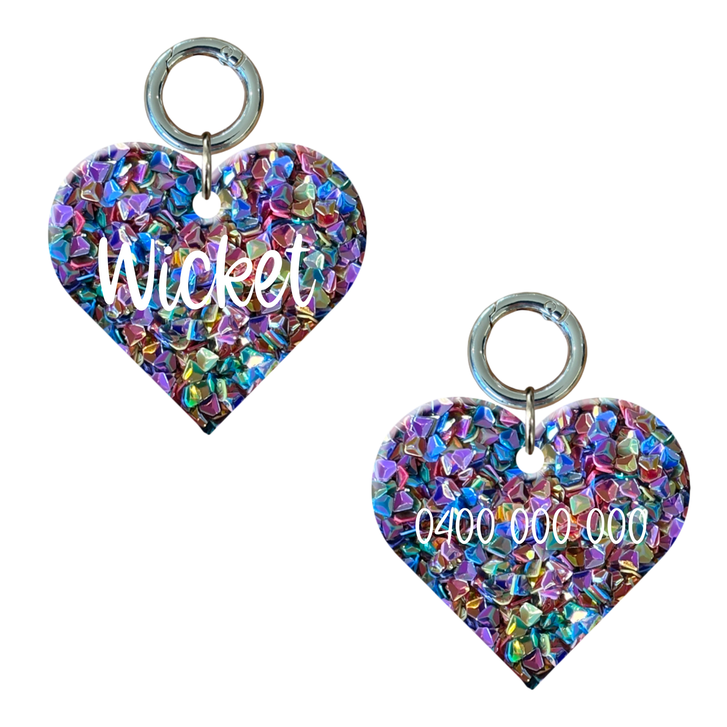 Personalised heart-shaped dog tag filled with glitter, includes name and number. 