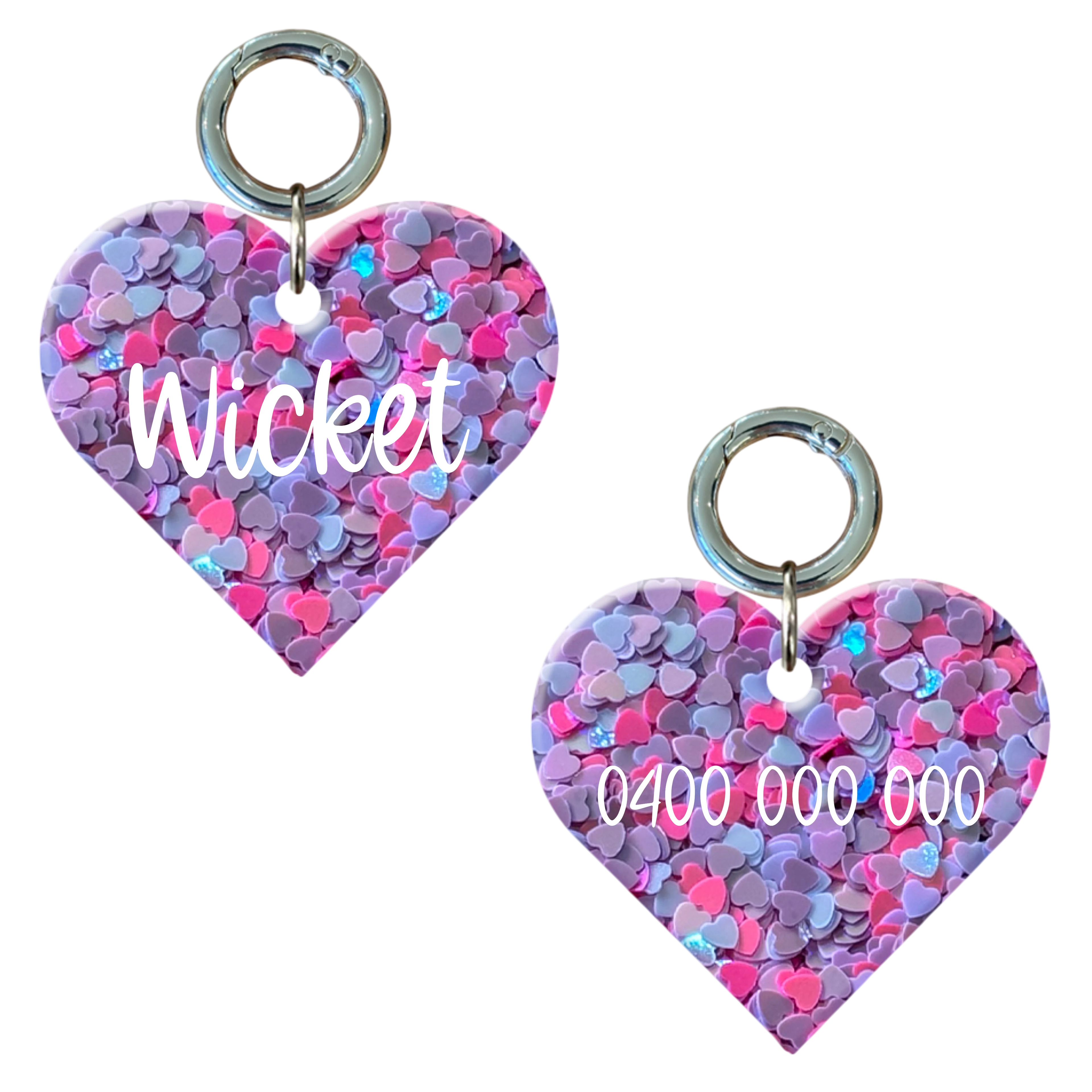 Personalised heart-shaped dog tag with pink and purple hearts and engraved name and number.