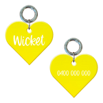 Yellow heart-shaped personalised dog tag with name and phone number engraving