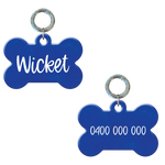 Personalised flourescent blue bone-shaped dog tag with name and phone number.