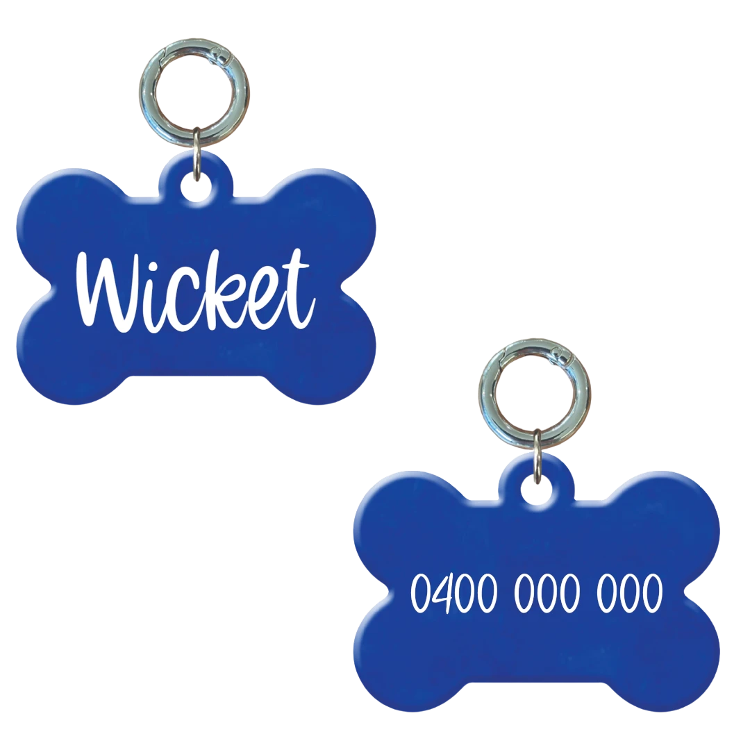 Personalised flourescent blue bone-shaped dog tag with name and phone number.